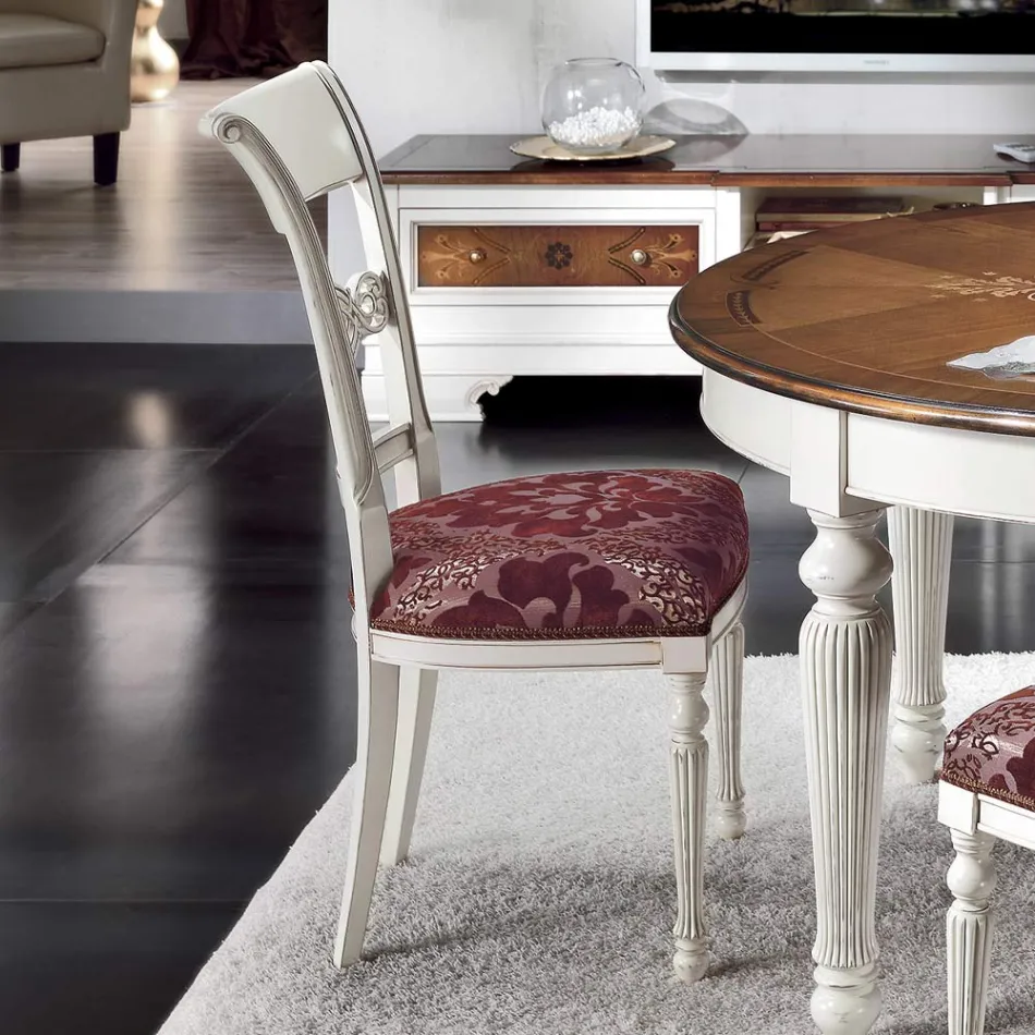 Tavolo Rotondo Allungabile con Intarsio e 4 Sedie Made in Italy - Alite Viadurini