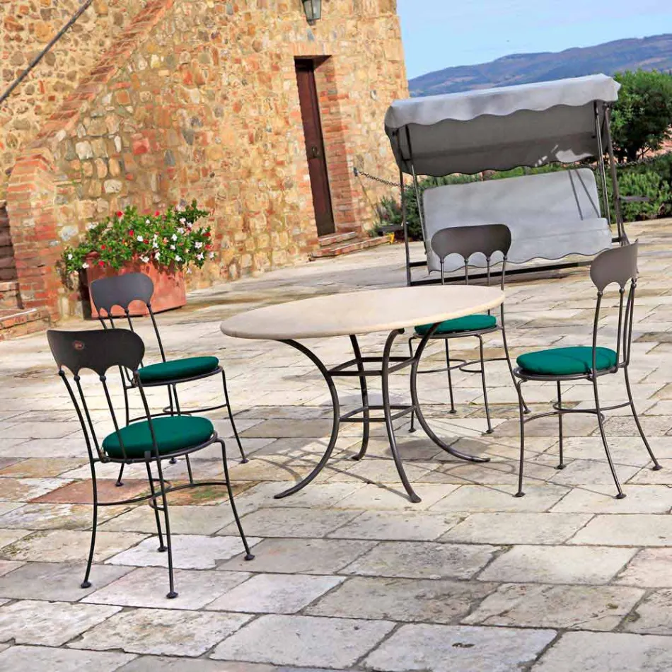 Tavolo Rotondo da Esterno con Piano in Travertino Made in Italy - Scozia Viadurini
