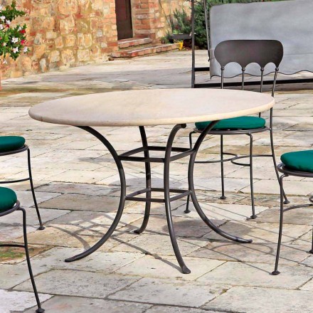 Tavolo Rotondo da Esterno con Piano in Travertino Made in Italy - Scozia Viadurini