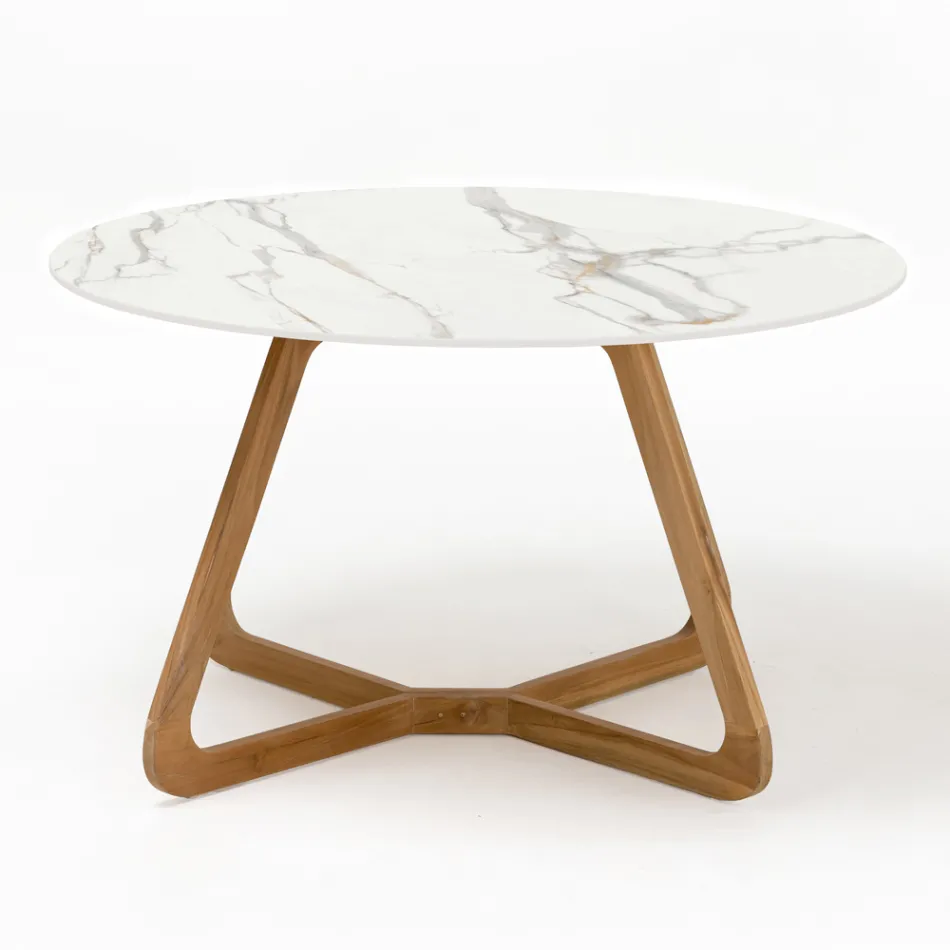 Tavolo Rotondo da Esterno in Ceramica Calacatta Oro Made in Italy - Pegaso Viadurini