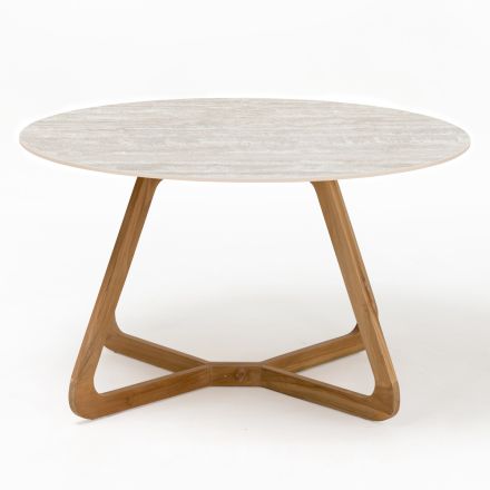 Tavolo Rotondo da Esterno in Ceramica Travertino Chiaro Made in Italy - Pegaso Viadurini