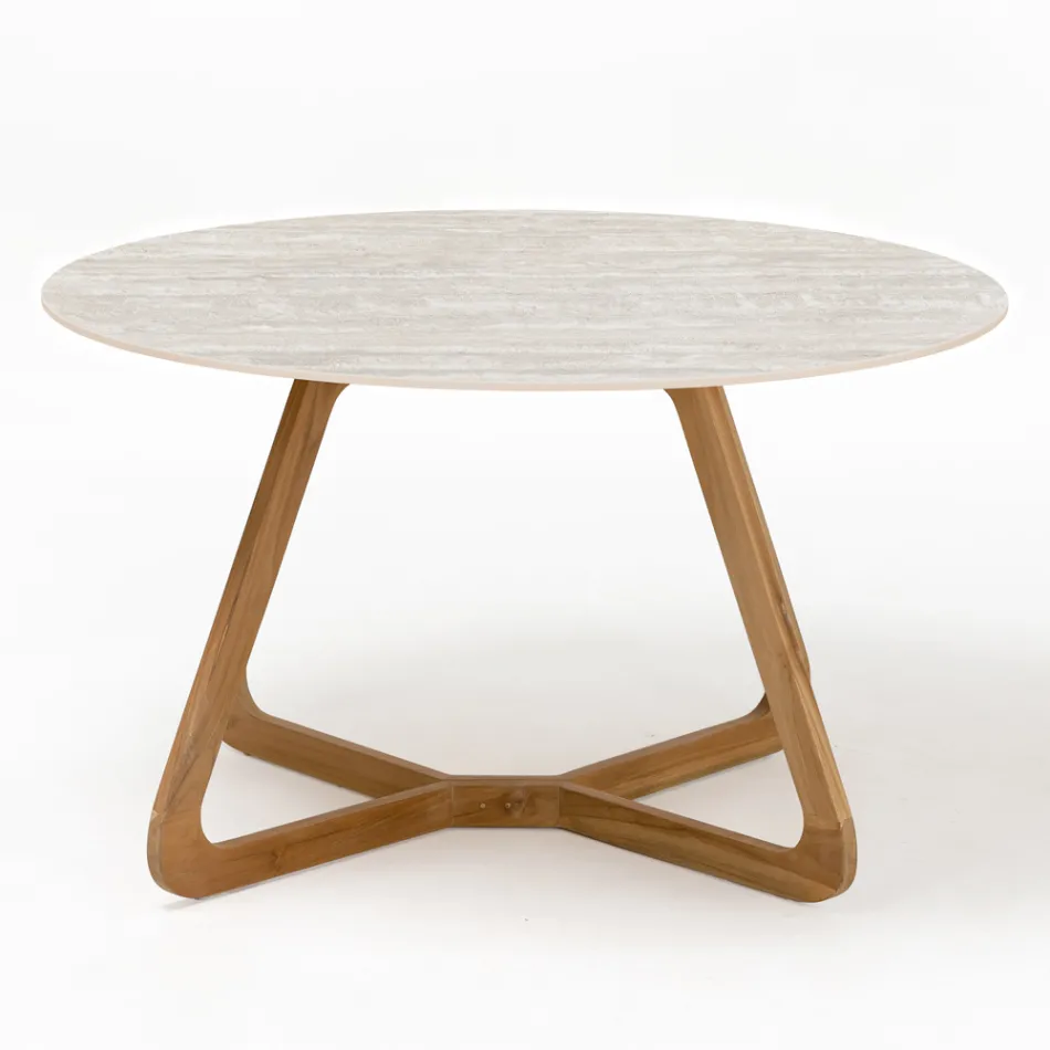 Tavolo Rotondo da Esterno in Ceramica Travertino Chiaro Made in Italy - Pegaso Viadurini