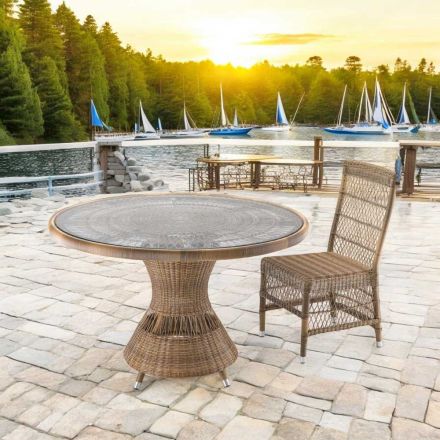 Tavolo Rotondo da Esterno in Polyrattan con Piano in Vetro - Gigi Viadurini