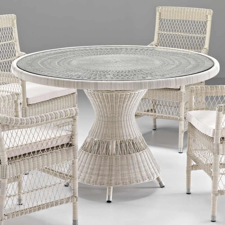 Tavolo Rotondo da Esterno in Polyrattan con Piano in Vetro - Gigi Viadurini