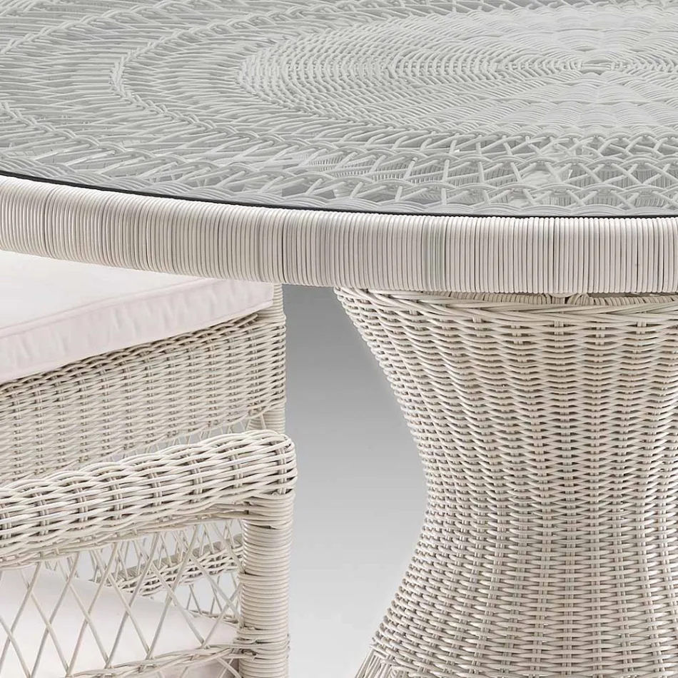Tavolo Rotondo da Esterno in Polyrattan con Piano in Vetro - Gigi Viadurini