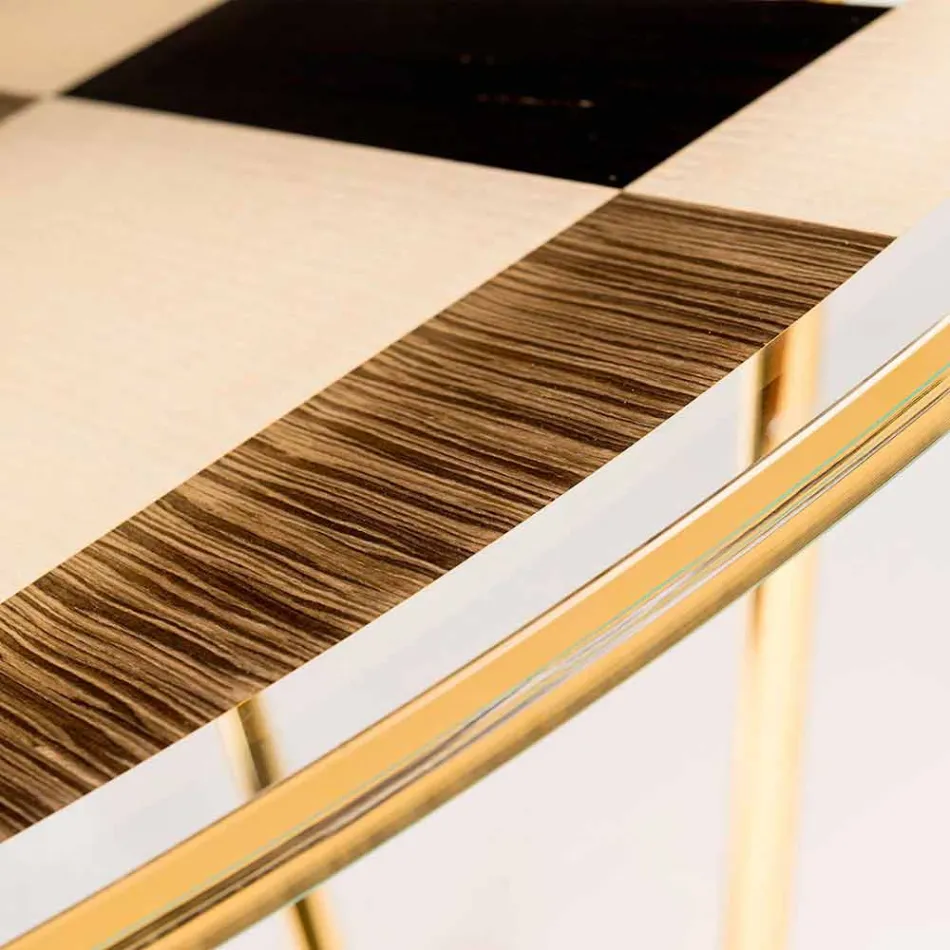 Tavolo rotondo modeno con piano in vetro e intarsi di legno Ozzy Viadurini
