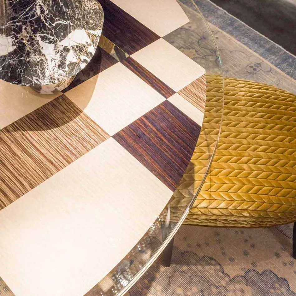 Tavolo rotondo modeno con piano in vetro e intarsi di legno Ozzy Viadurini