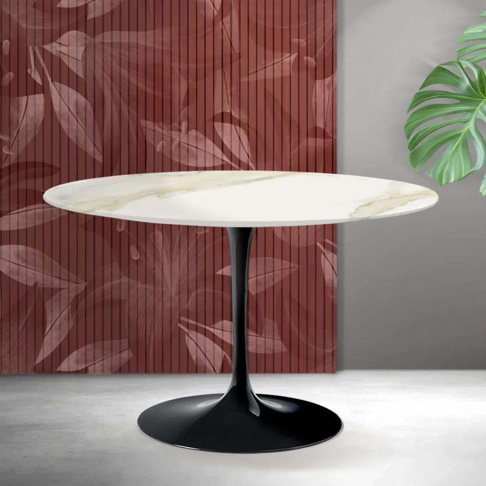 Tavolo Rotondo Tulip Saarinen H 74 cm in Ceramica Florim Calacatta Gold Opaco - Scarlet Viadurini