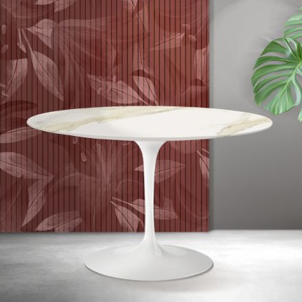 Tavolo Rotondo Tulip Saarinen H 74 cm in Ceramica Florim Calacatta Gold Opaco - Scarlet Viadurini