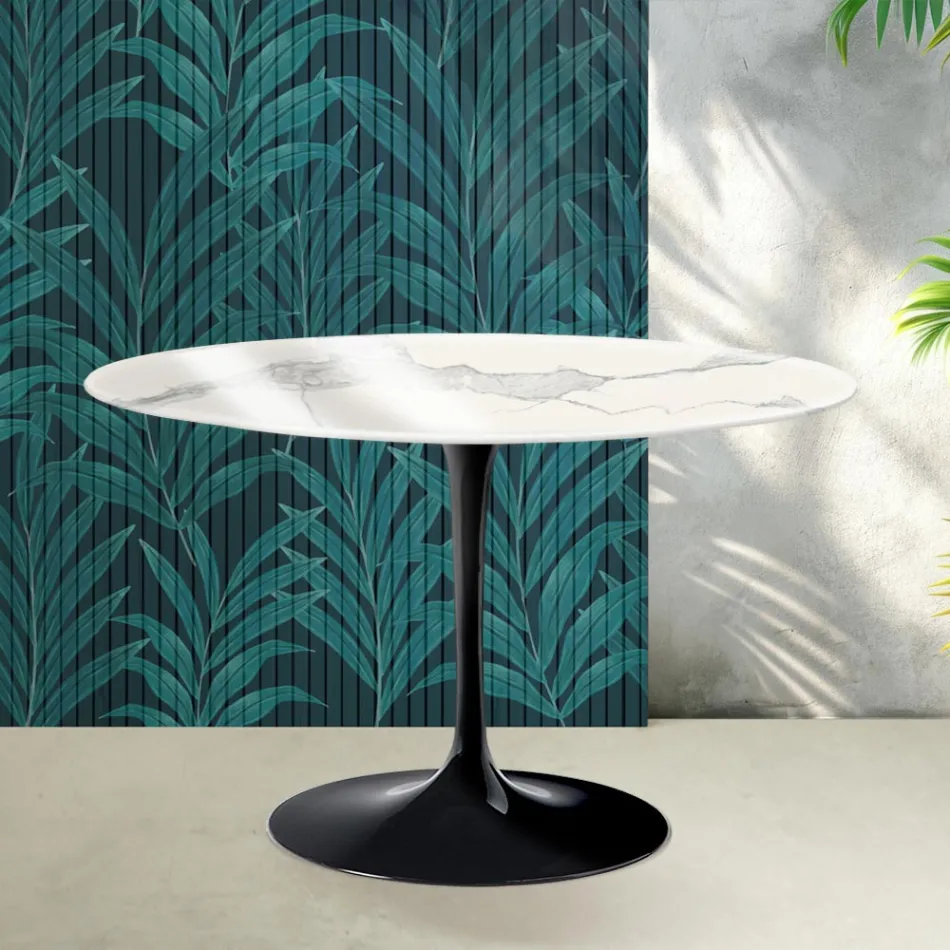 Tavolo Rotondo Tulip Saarinen H 74 cm in Ceramica Florim Statuario Lucido - Scarlet Viadurini
