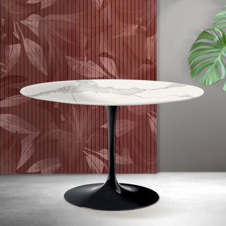 Tavolo Rotondo Tulip Saarinen H 74 cm in Ceramica Florim Statuario Opaco - Scarlet Viadurini