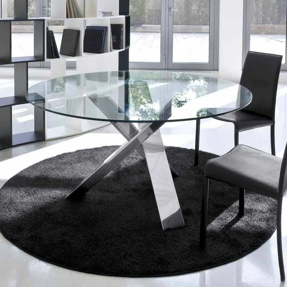 Tavolo tondo di design d.130 piano in cristallo made in Italy Cristal Viadurini