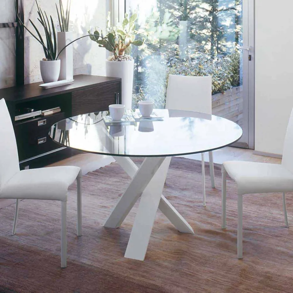 Tavolo tondo di design d.130 piano in cristallo made in Italy Cristal Viadurini