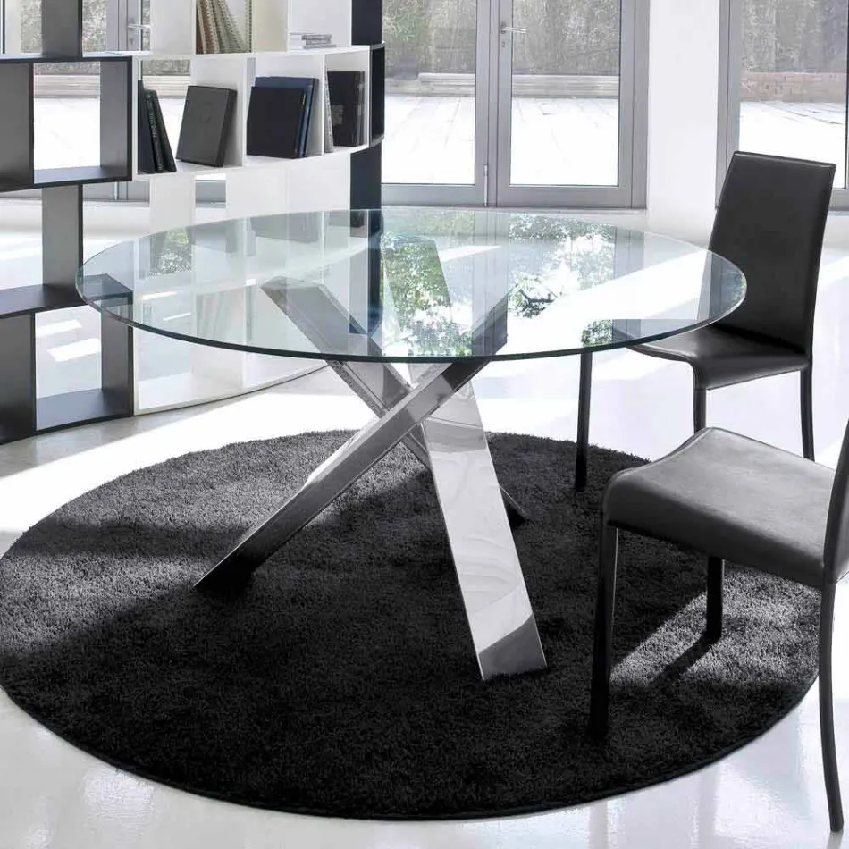 Tavolo tondo di design d.160 piano in cristallo made in Italy Cristal Viadurini