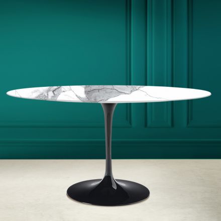 Tavolo Tulip Eero Saarinen H 73 Ovale in Ceramica Statuario Altissimo Made in Italy - Scarlet Viadurini