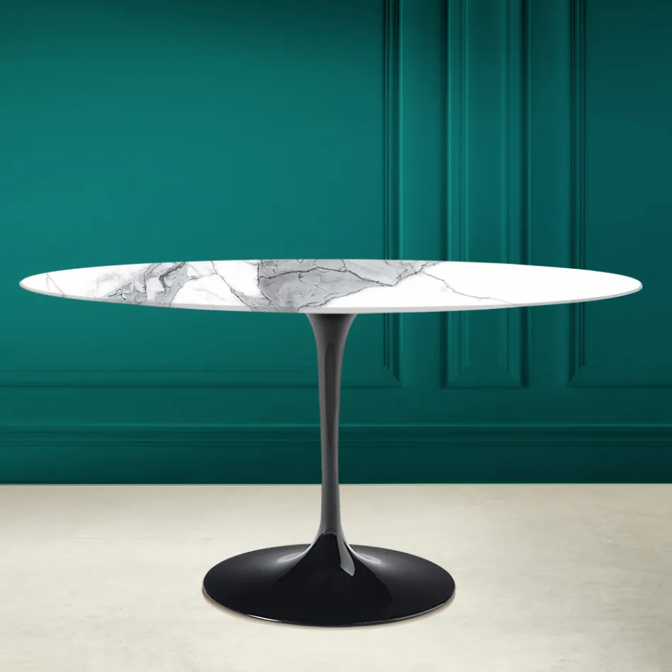 Tavolo Tulip Eero Saarinen H 73 Ovale in Ceramica Statuario Altissimo Made in Italy - Scarlet Viadurini
