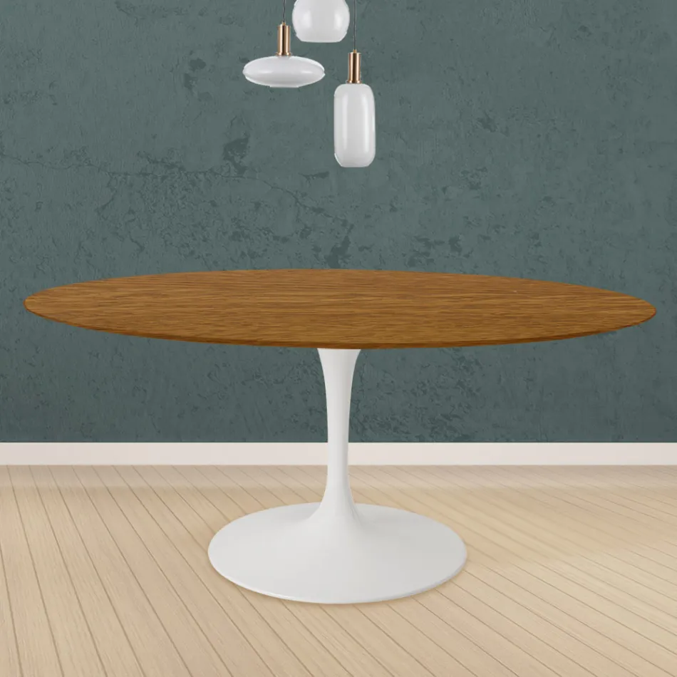 Tavolo Tulip Eero Saarinen H 73 Rotondo in Rovere Tinto Noce Chiaro Made in Italy - Scarlet Viadurini