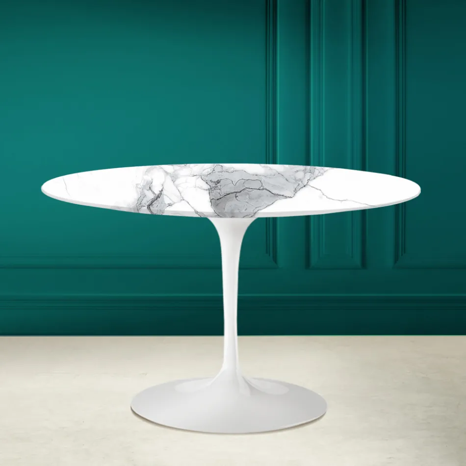 Tavolo Tulip Eero Saarinen H 73 Rotondo in Statuario Altissimo Made in Italy - Scarlet Viadurini