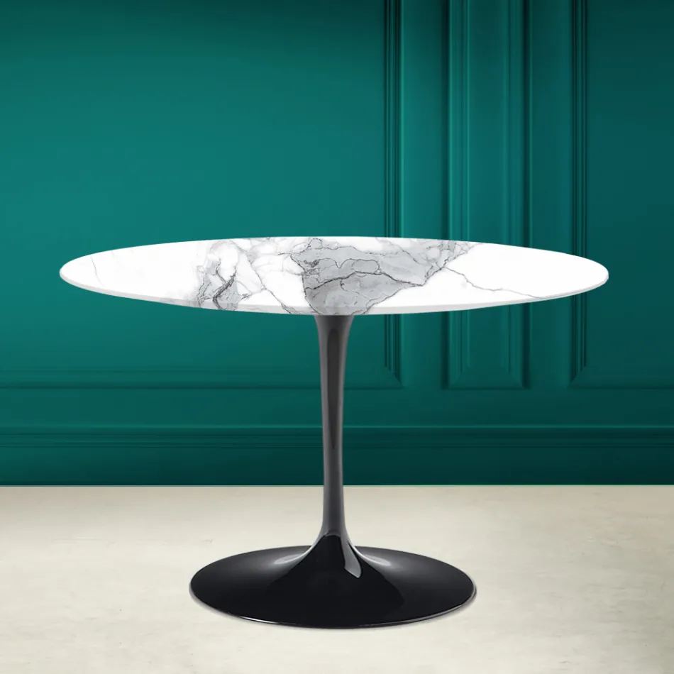 Tavolo Tulip Eero Saarinen H 73 Rotondo in Statuario Altissimo Made in Italy - Scarlet Viadurini