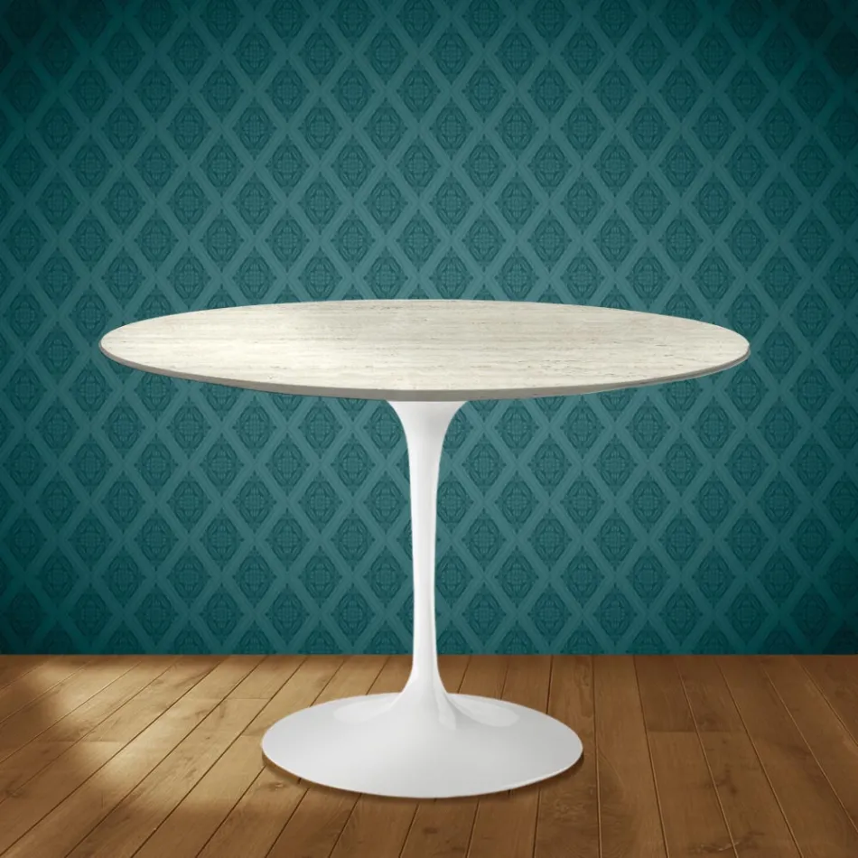 Tavolo Tulip Eero Saarinen H 74 Rotondo in Ceramica Marmorio Made in Italy - Scarlet Viadurini