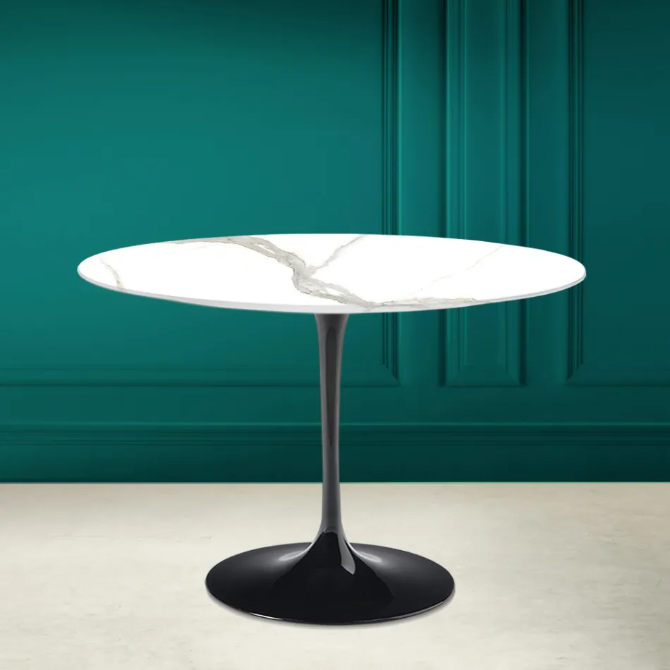 Tavolo Tulip Saarinen H 73 Rotondo in Ceramica Calacatta Michelangelo  Viadurini