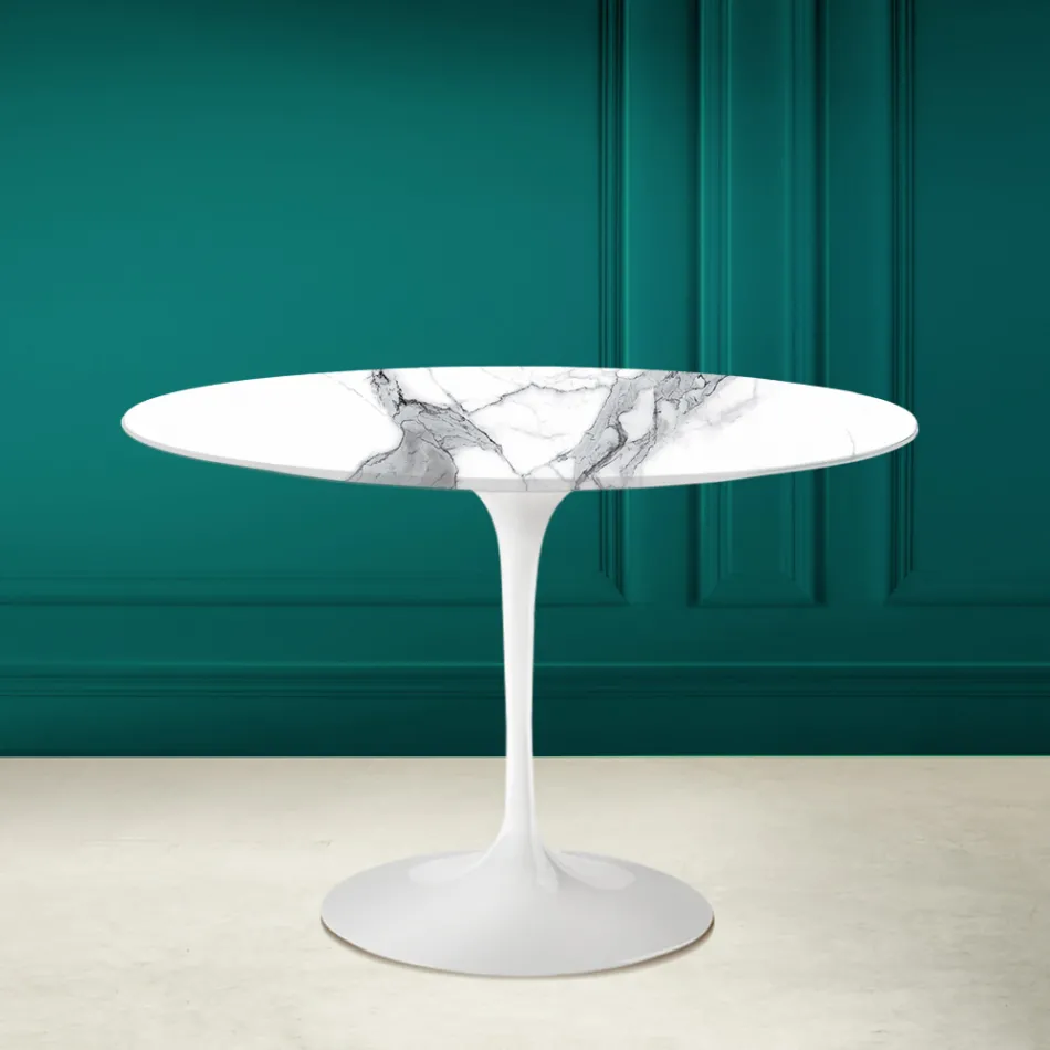Tavolo Tulip Saarinen H 73 Rotondo in Ceramica Statuario Altissimo Made in Italy - Scarlet Viadurini