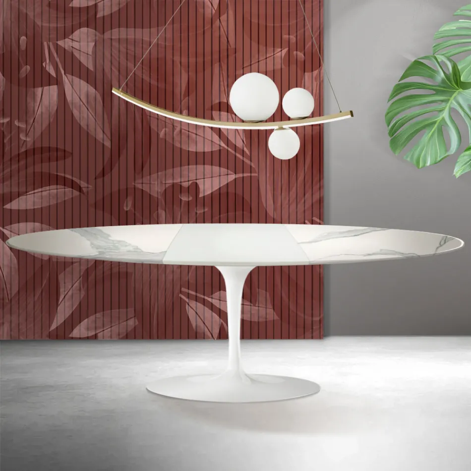 Tavolo Tulip Saarinen H 74 cm Allungabile in Ceramica Florim Statuario Opaco - Scarlet Viadurini