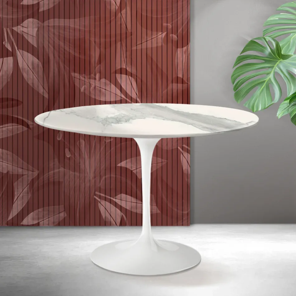 Tavolo Tulip Saarinen H 74 cm in Ceramica Florim Statuario Opaco - Scarlet Viadurini
