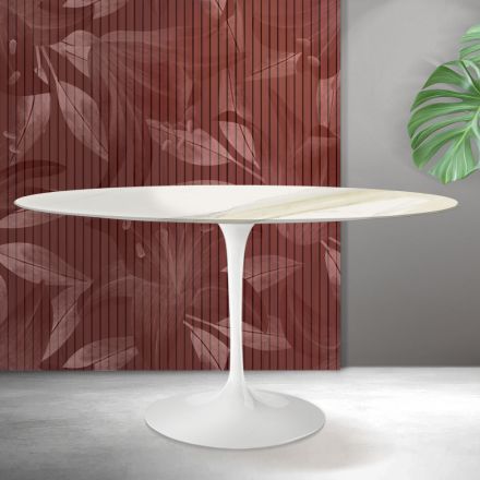 Tavolo Tulip Saarinen H 74 cm Rotondo in Ceramica Florim Calacatta Gold Opaco - Scarlet Viadurini
