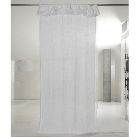 Tenda Bianca in Garza di Lino e Organza con Ricamo di Rose Elegante - Mariarosa Viadurini