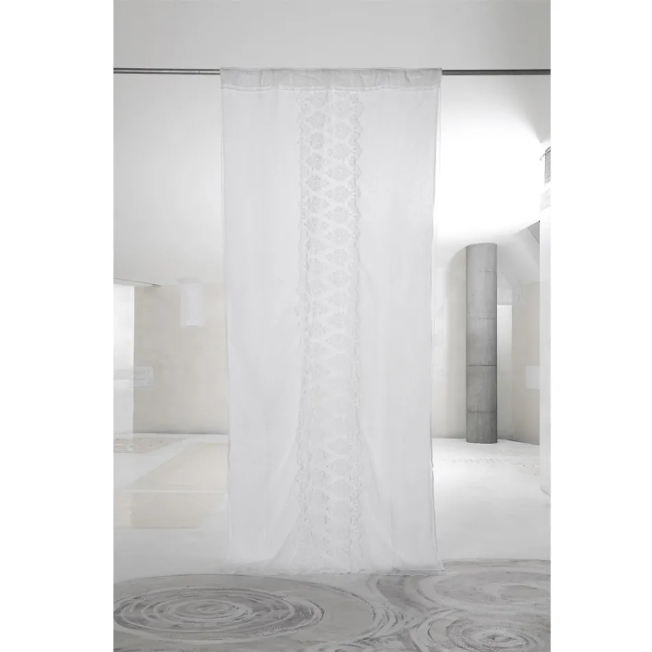 Tenda di Lino Leggero con Organza e Ricamo Bianca di Lusso Italiano - Marinella Viadurini