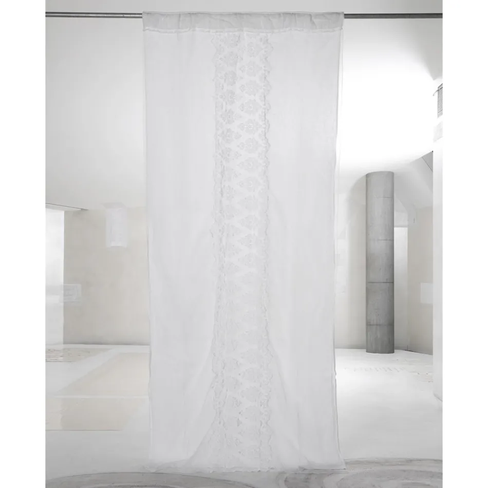 Tenda di Lino Leggero con Organza e Ricamo Bianca di Lusso Italiano - Marinella Viadurini