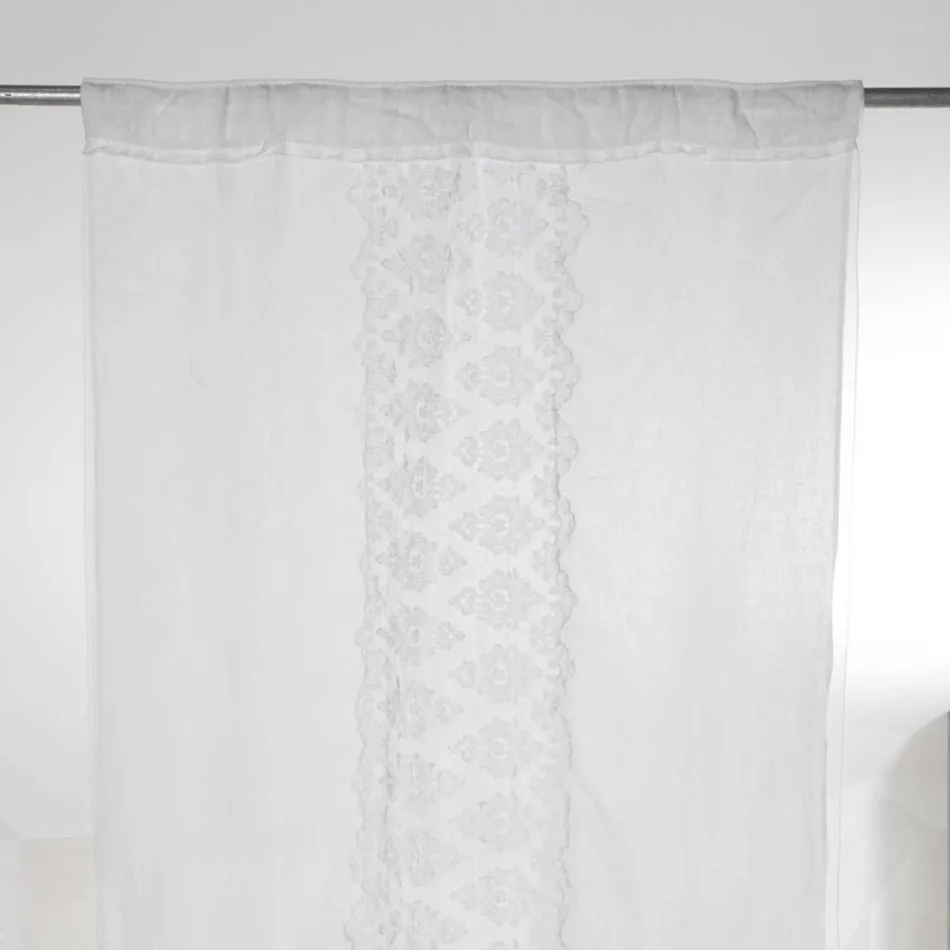 Tenda di Lino Retro Leggero con Organza e Ricamo di Lusso Italiano - Marinella Viadurini