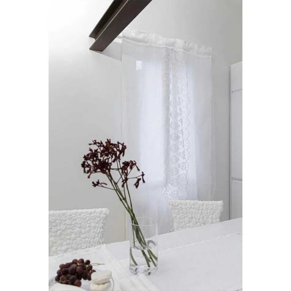 Tenda di Lino Retro Leggero con Organza e Ricamo di Lusso Italiano - Marinella Viadurini