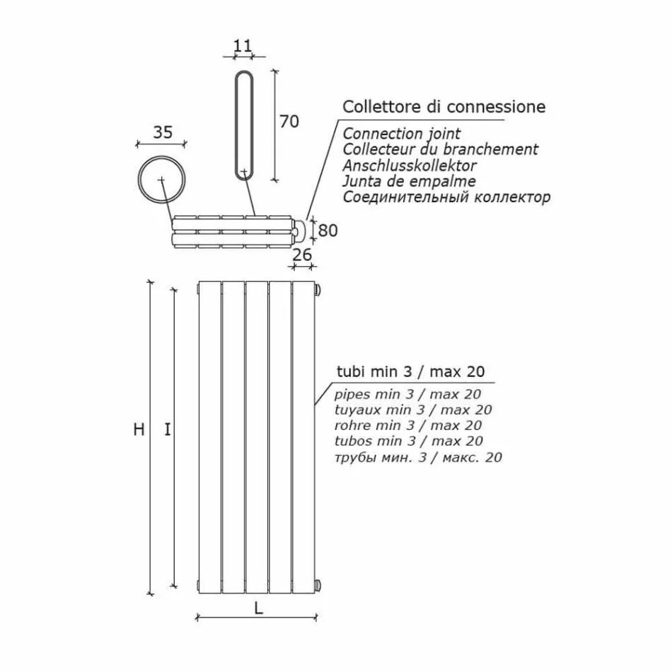 Termoarredo Idraulico a Parete Design Verticale Basso Moderno 1824 W - Picchio Viadurini