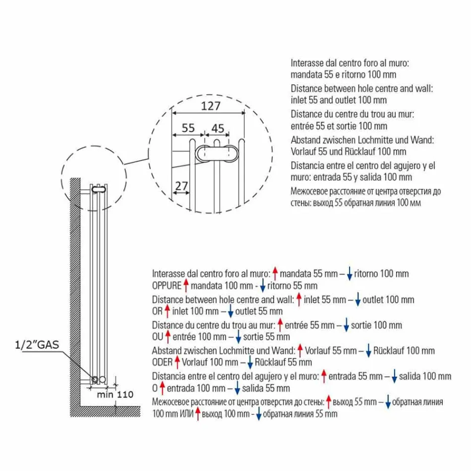 Termoarredo Idraulico a Parete Design Verticale Basso Moderno 1824 W - Picchio Viadurini