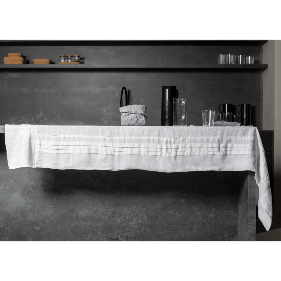 Tovaglia Bianca in Lino con Bordo Motivo Pieghe Lusso Italiano - Tippel Viadurini