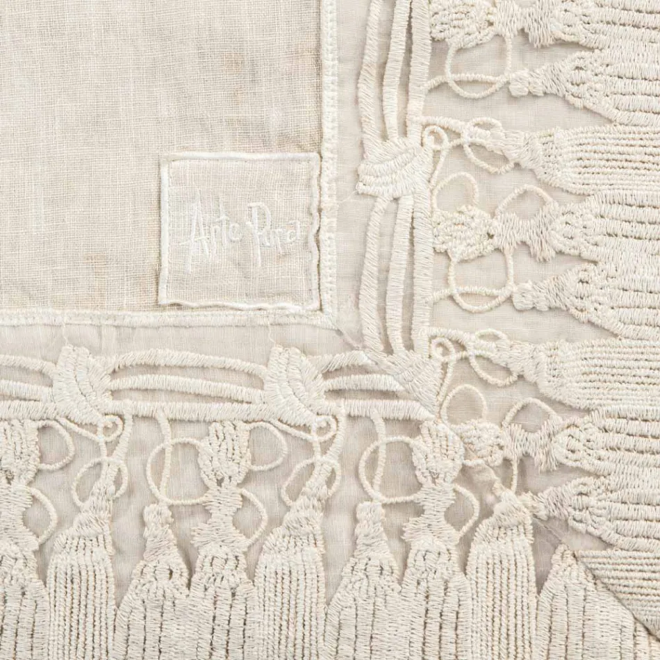 Tovaglia in Lino Beige Rettangolare con Cornice Pizzo Nappine di Lusso - Zippel Viadurini