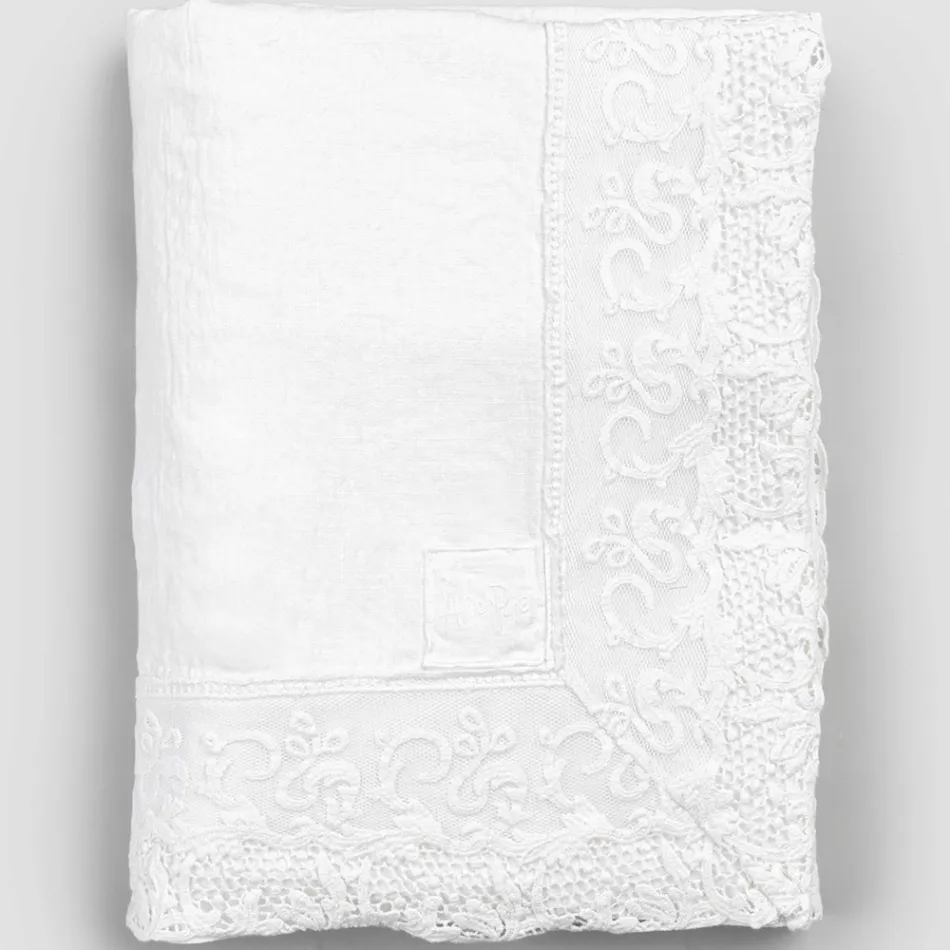 Tovaglia in Lino Rettangolare con Cornice o Pizzo Bianca di Lusso - Davinci Viadurini