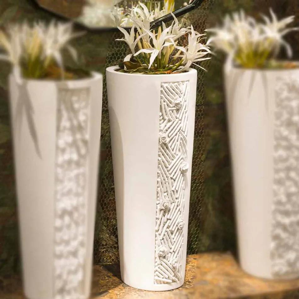 Vaso Alto da Interno in Ceramica Bianca con Decoro Made in Italy - Calisto Viadurini