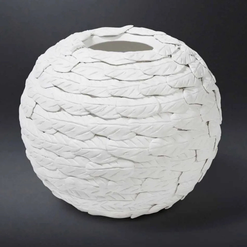 Vaso Decorativo a Sfera in Ceramica Bianca Decorata Made in Italy - Ercolano Viadurini