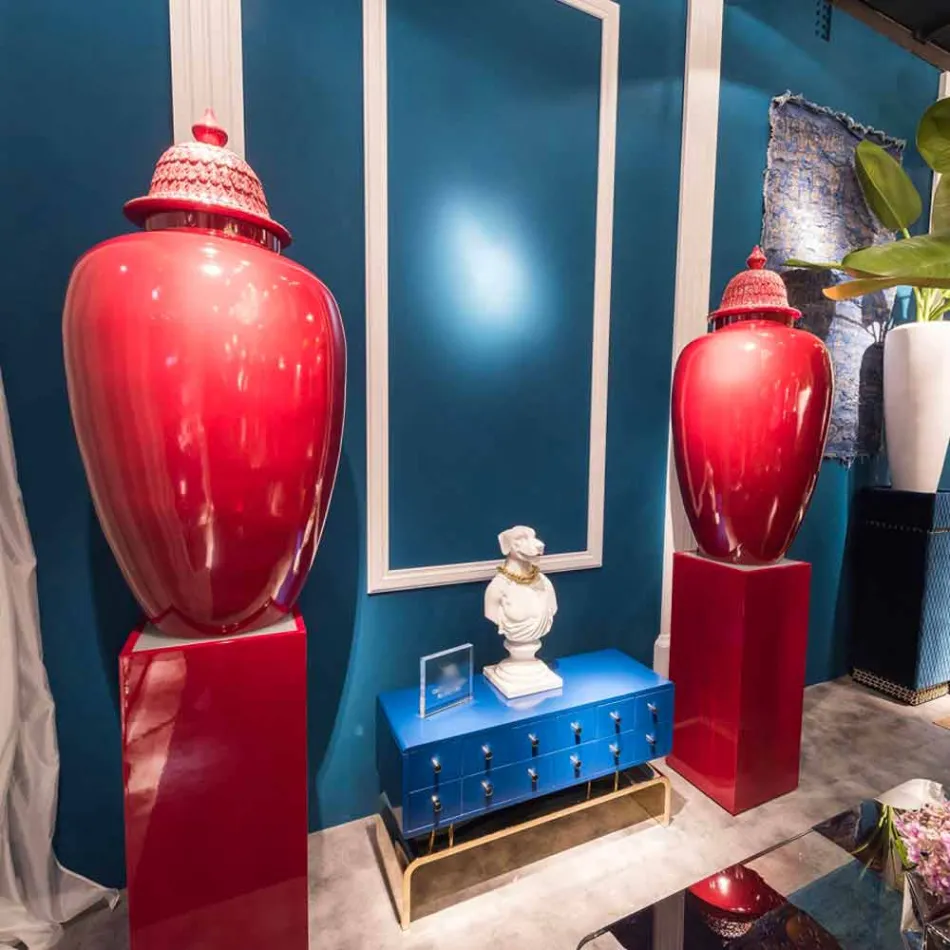 Vaso in Ceramica Laccata Rossa con Decoro Realizzato a Mano in Italia - Verio Viadurini