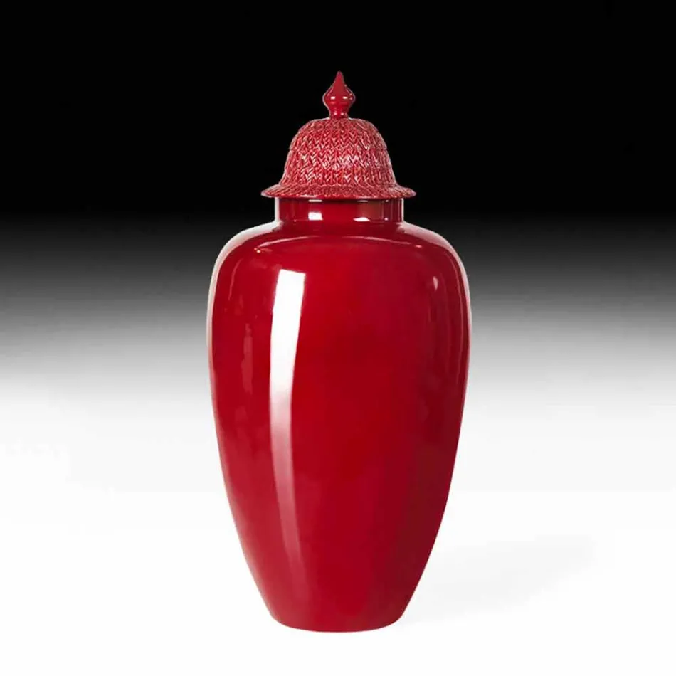 Vaso in Ceramica Laccata Rossa con Decoro Realizzato a Mano in Italia - Verio Viadurini