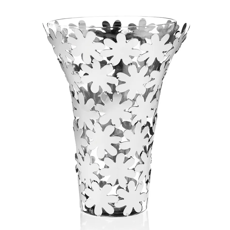 Vaso in Vetro e Metallo Argentato con Decoro a Fiore di Lusso - Terraceo Viadurini