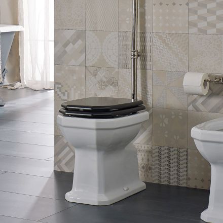 Vaso WC da Terra in Ceramica Bianca Sedile Nero Vintage Made in Italy - Nausica Viadurini