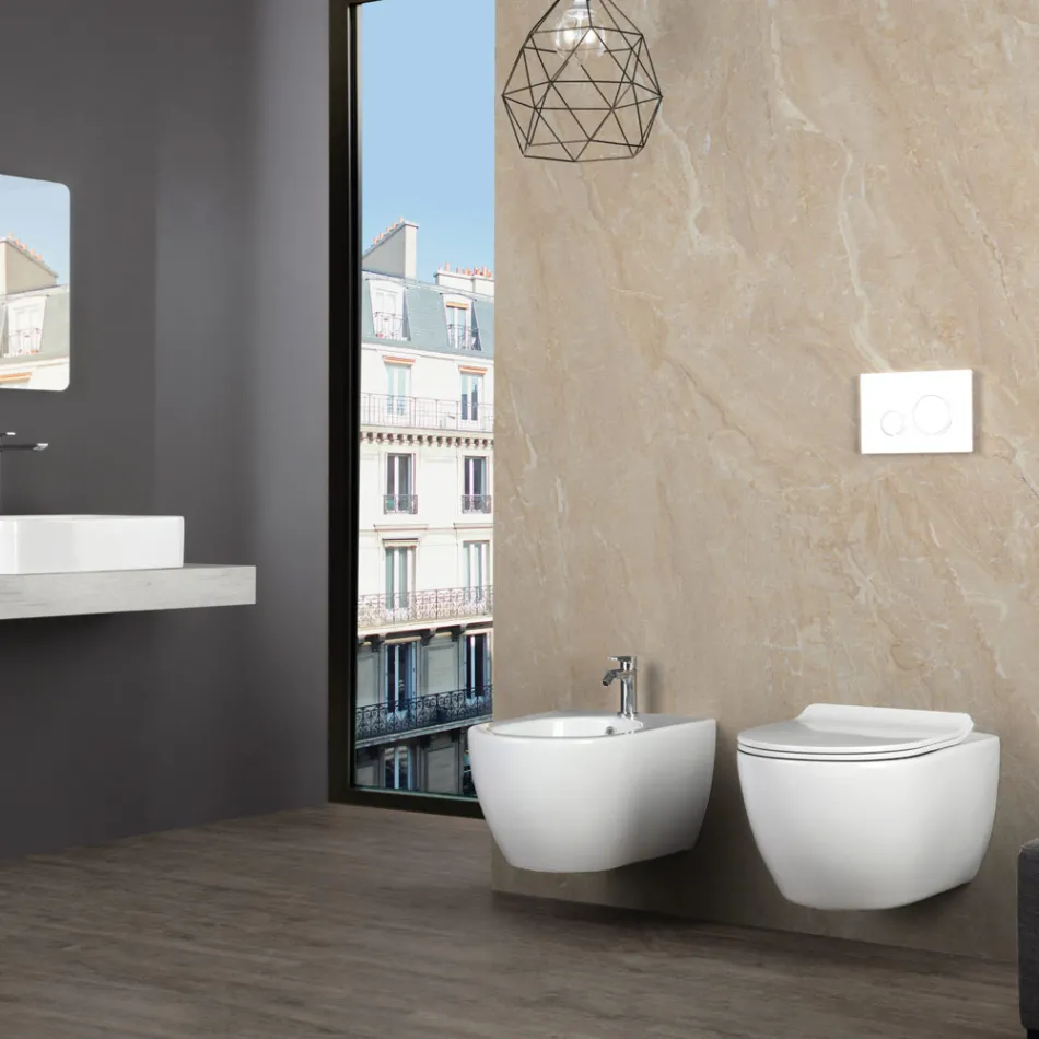 Vaso Wc Rimless Sospeso in Ceramica Bianca con Sedile Soft Close - Aster Viadurini