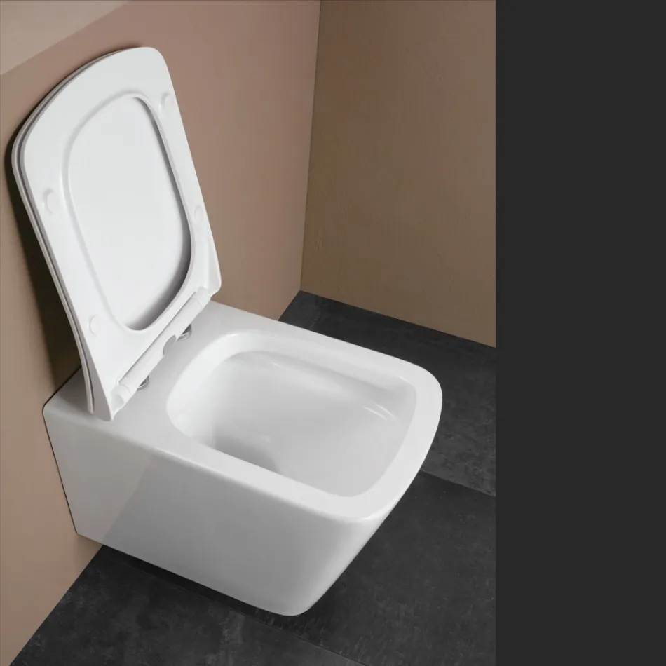 Vaso Wc Sospeso con Sedile Soft Close in Ceramica dal Design Moderno - Giunco Viadurini