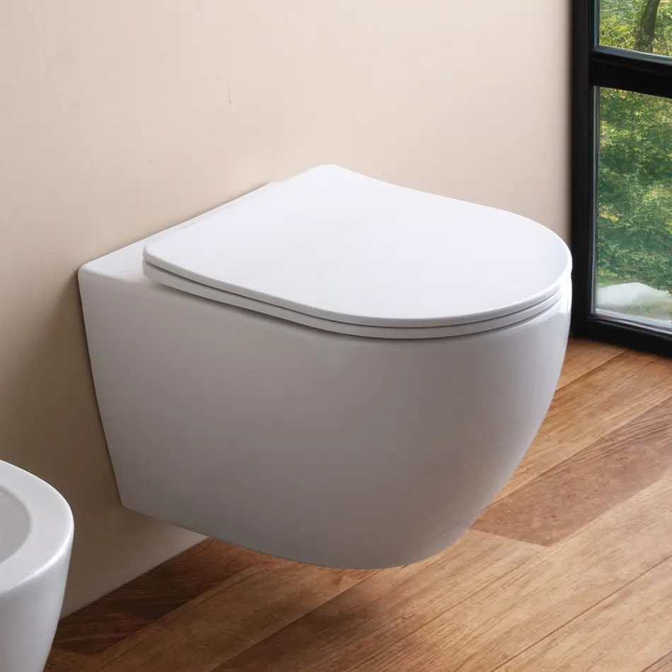 Vaso Wc Sospeso Tecnologia Rimless e Sedile Soft Close in Ceramica - Ginepro   Viadurini