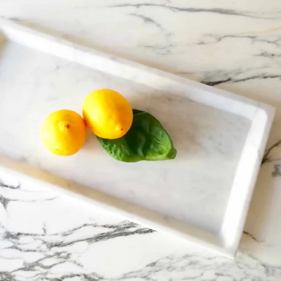 Vassoio Rettangolare in Marmo Bianco di Carrara Levigato Made in Italy - Alga Viadurini