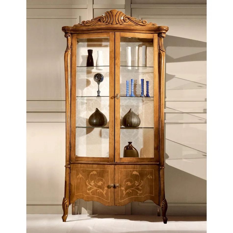 Vetrina Classica in Legno Noce Intarsiato 4 Ante Made in Italy - Commodo Viadurini